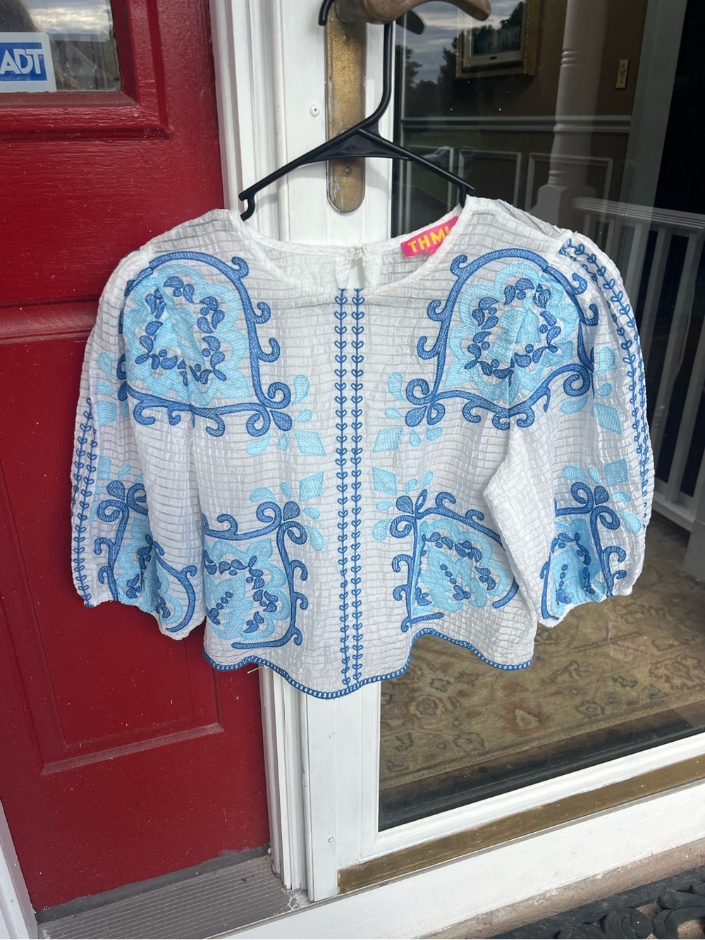 THML Blue & White Embroidered Puff Sleeve Peplum Top